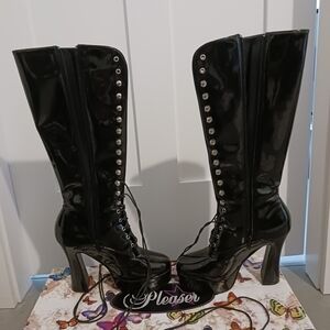 Pleaser Black Patent Knee-High Lace-Up Platform Boots